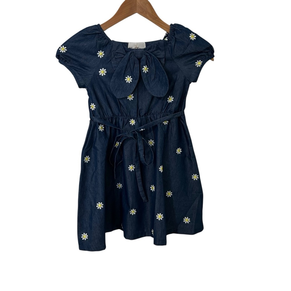 Rare Editions Navy Dress with White Floral Embroidery